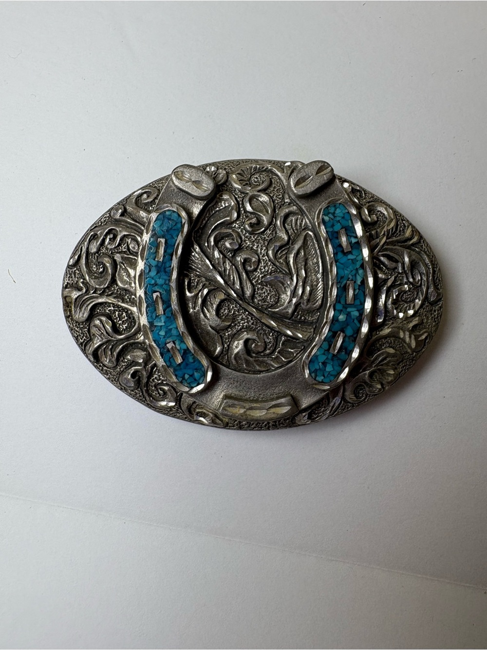 Western Belt Buckle Horseshoe Shape Made In USA 2002 Enchantment Silver Tone